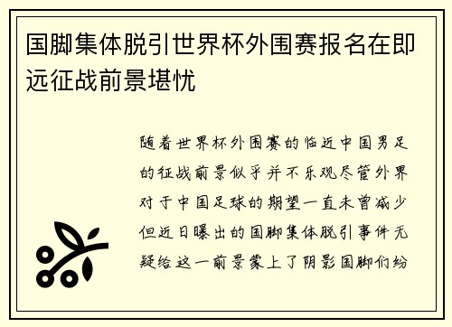 国脚集体脱引世界杯外围赛报名在即远征战前景堪忧